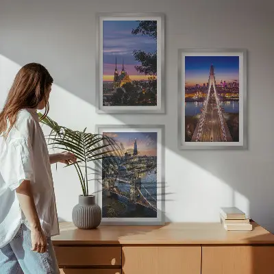 Wanddecoratieset met schilderijen bruggen bij zonsondergang