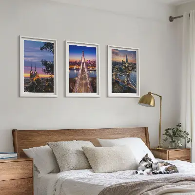Wanddecoratieset met schilderijen bruggen bij zonsondergang