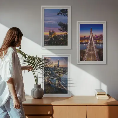 Wanddecoratieset met schilderijen bruggen bij zonsondergang
