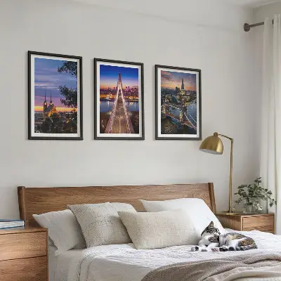 Wanddecoratieset met schilderijen bruggen bij zonsondergang