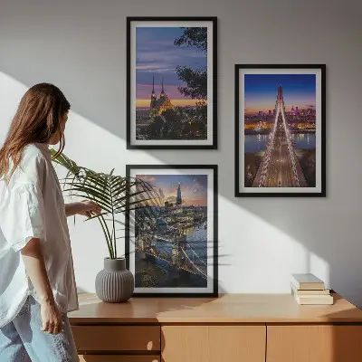 Wanddecoratieset met schilderijen bruggen bij zonsondergang
