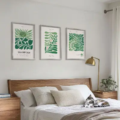 Wanddecoratie set schilderijen met groene bladeren en plantvormen