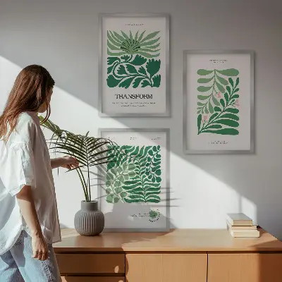 Wanddecoratie set schilderijen met groene bladeren en plantvormen