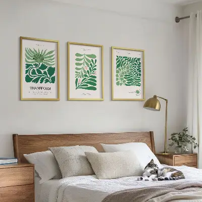 Wanddecoratie set schilderijen met groene bladeren en plantvormen