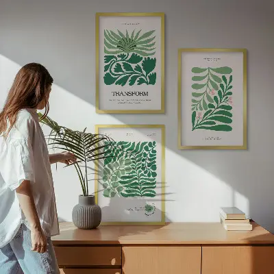 Wanddecoratie set schilderijen met groene bladeren en plantvormen