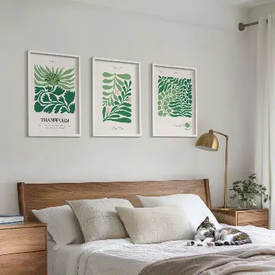 Wanddecoratie set schilderijen met groene bladeren en plantvormen