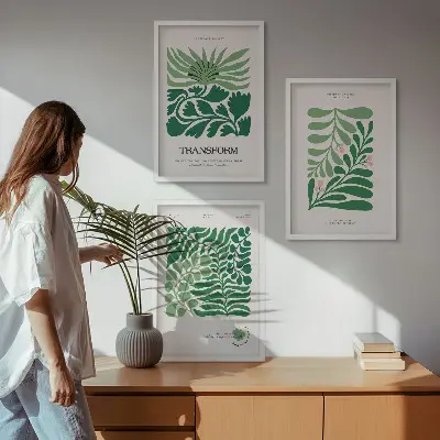 Wanddecoratie set schilderijen met groene bladeren en plantvormen