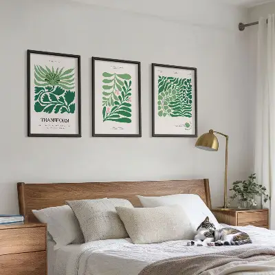 Wanddecoratie set schilderijen met groene bladeren en plantvormen