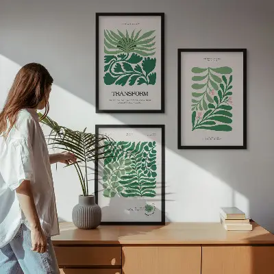 Wanddecoratie set schilderijen met groene bladeren en plantvormen