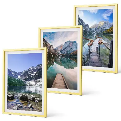 Wanddecoratieset schilderijen met bergen, meren en houten steigers