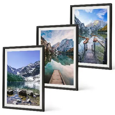 Wanddecoratieset schilderijen met bergen, meren en houten steigers