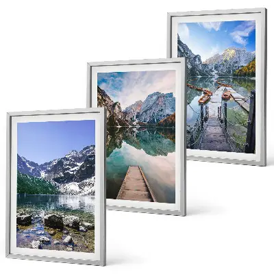 Wanddecoratieset schilderijen met bergen, meren en houten steigers
