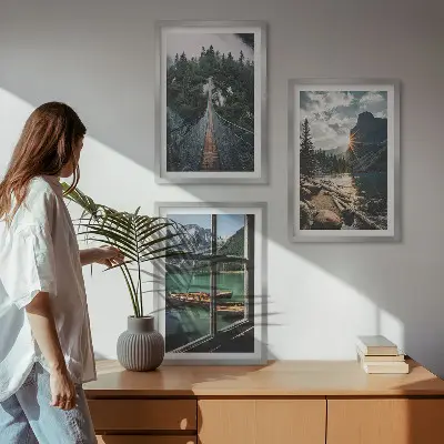 Fotowand met een landschap van een brug, meer, boten en bergen