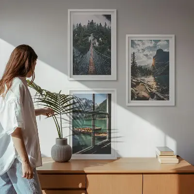 Fotowand met een landschap van een brug, meer, boten en bergen