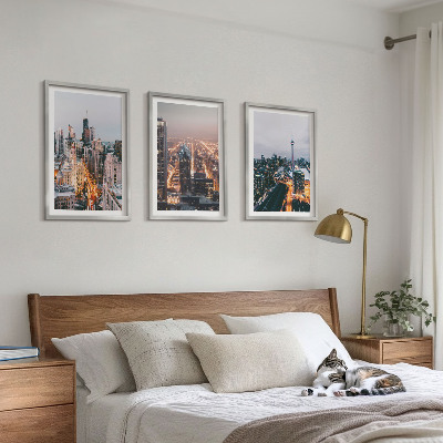 Wanddecoratie set schilderijen Miasta nocą wieżowce światła