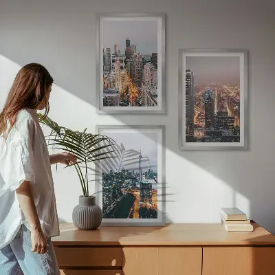 Wanddecoratieset schilderijen met nachtelijke stadsgezichten en wolkenkrabbers