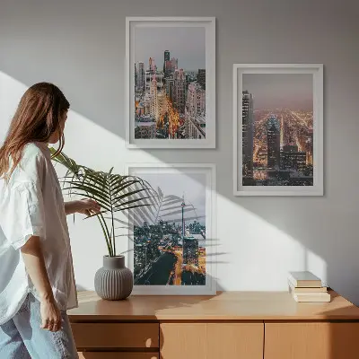 Wanddecoratieset schilderijen met nachtelijke stadsgezichten en wolkenkrabbers