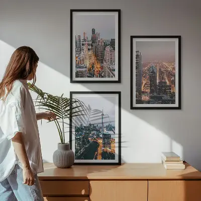 Wanddecoratieset schilderijen met nachtelijke stadsgezichten en wolkenkrabbers