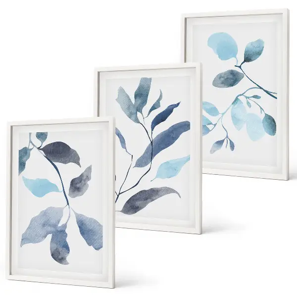 Wanddecoratieset schilderijen blauw aquarel bladmotief