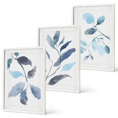 Wanddecoratieset schilderijen blauw aquarel bladmotief