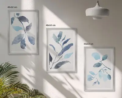 Wanddecoratieset schilderijen blauw aquarel bladmotief