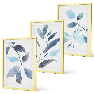 Wanddecoratieset schilderijen blauw aquarel bladmotief