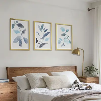 Wanddecoratieset schilderijen blauw aquarel bladmotief