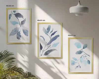 Wanddecoratieset schilderijen blauw aquarel bladmotief