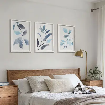 Wanddecoratieset schilderijen blauw aquarel bladmotief