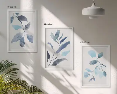 Wanddecoratieset schilderijen blauw aquarel bladmotief
