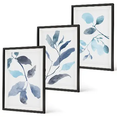Wanddecoratieset schilderijen blauw aquarel bladmotief