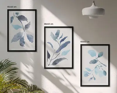 Wanddecoratieset schilderijen blauw aquarel bladmotief