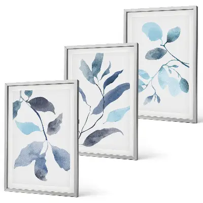 Wanddecoratieset schilderijen blauw aquarel bladmotief