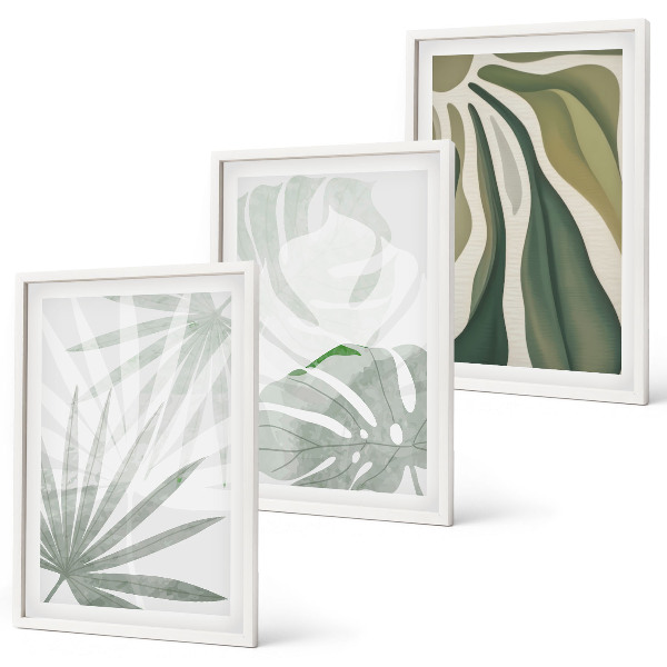 Wanddecoratie set schilderijen Liście roślin w zieleni szarości