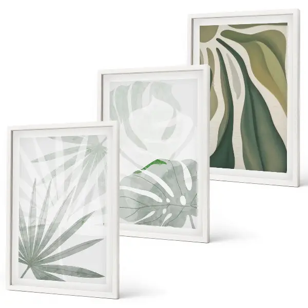 Wanddecoratieset met schilderijen met bladeren in groen en grijs