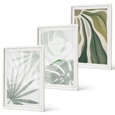 Wanddecoratieset met schilderijen met bladeren in groen en grijs