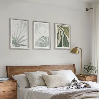 Wanddecoratieset met schilderijen met bladeren in groen en grijs