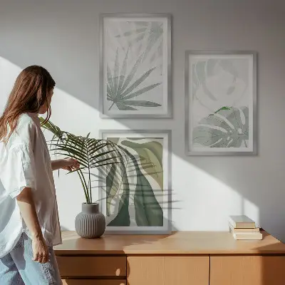 Wanddecoratieset met schilderijen met bladeren in groen en grijs