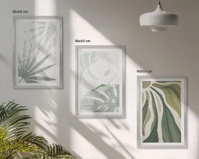 Wanddecoratieset met schilderijen met bladeren in groen en grijs