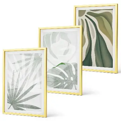 Wanddecoratieset met schilderijen met bladeren in groen en grijs