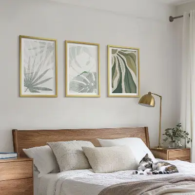 Wanddecoratieset met schilderijen met bladeren in groen en grijs