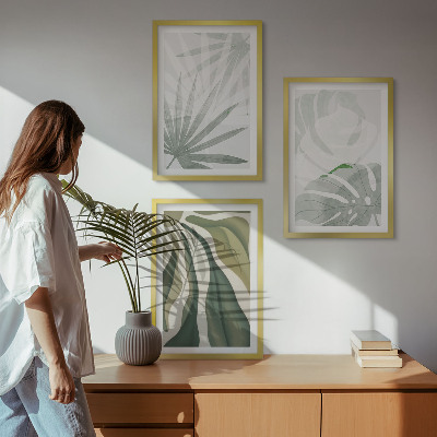 Wanddecoratie set schilderijen Liście roślin w zieleni szarości