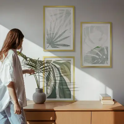 Wanddecoratieset met schilderijen met bladeren in groen en grijs