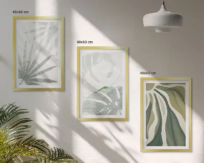 Wanddecoratieset met schilderijen met bladeren in groen en grijs