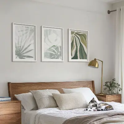 Wanddecoratieset met schilderijen met bladeren in groen en grijs