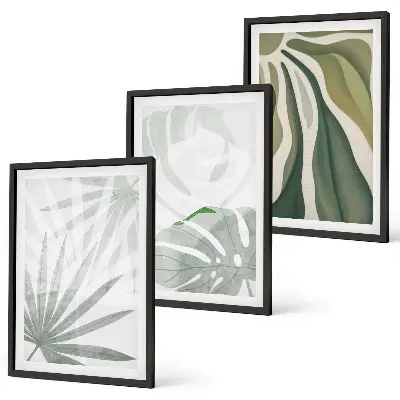 Wanddecoratieset met schilderijen met bladeren in groen en grijs