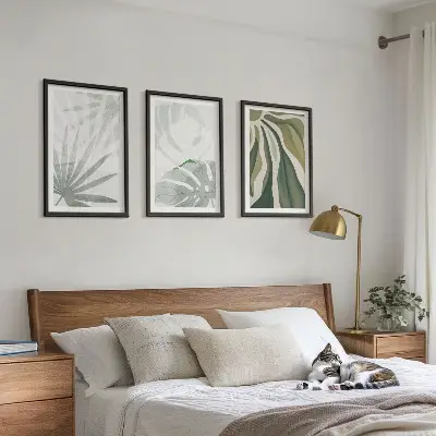 Wanddecoratieset met schilderijen met bladeren in groen en grijs