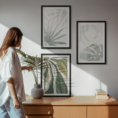 Wanddecoratie set schilderijen Liście roślin w zieleni szarości