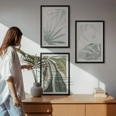 Wanddecoratieset met schilderijen met bladeren in groen en grijs