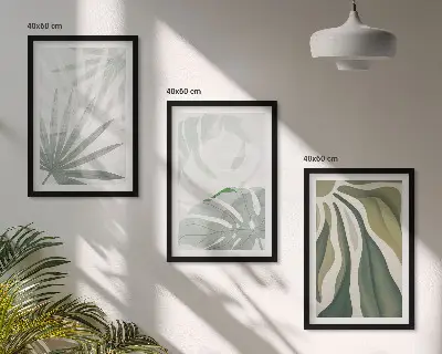 Wanddecoratieset met schilderijen met bladeren in groen en grijs